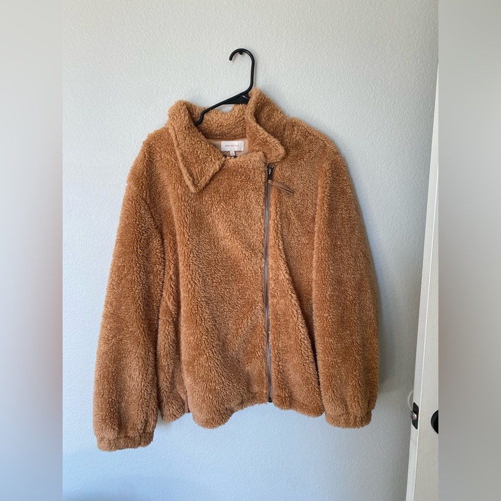 Skies Are Blue Plush Faux Shearling Teddy Jacket - Camel Brown
